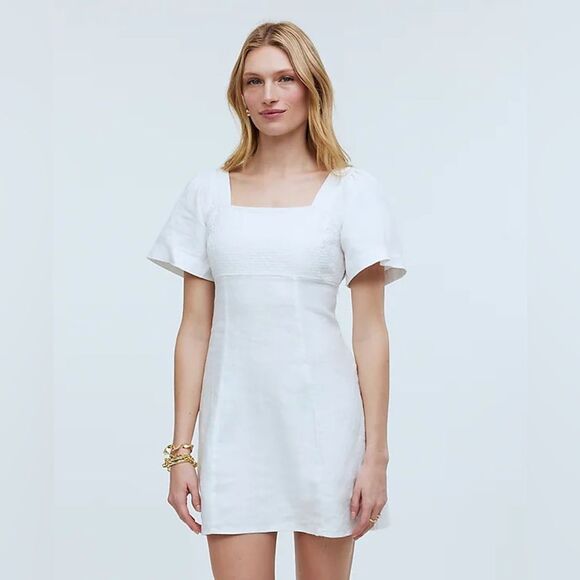 Madewell Square Neck Mini Dress Size 12 | 100% Linen in Eyelet White NWT - Picture 1 of 8